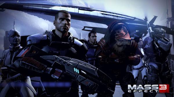 Mass Effect 3 screenshot: A group of armored characters, including a Krogan, stand ready with futuristic weapons under a space station.
