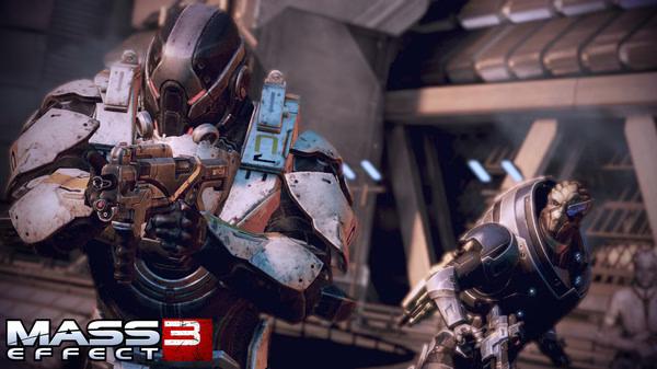 Mass Effect 3 screenshot showing two armored characters on a futuristic spaceship, one aiming a weapon, the other preparing to engage.