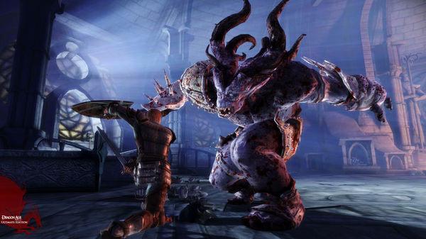 A warrior battles a giant demon in a cathedral-like hall in this intense Dragon Age: Origins screenshot.