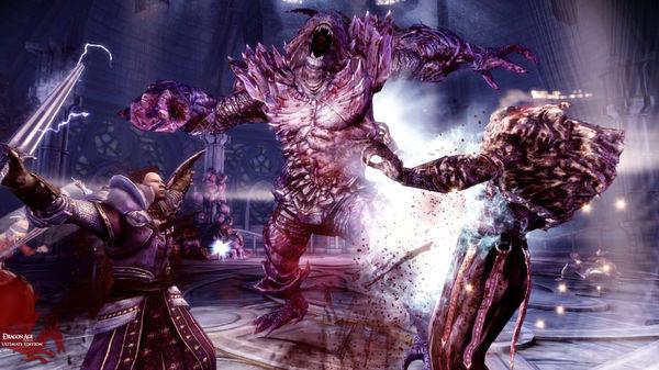 Screenshot from Dragon Age: Origins showing a battle with a large, monstrous creature in a dimly lit hall.