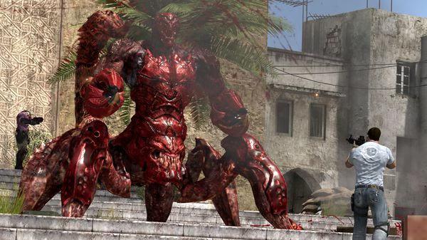 Screenshot from Serious Sam 3: BFE showing a player battling a large, red, crab-like monster in a desert town setting.