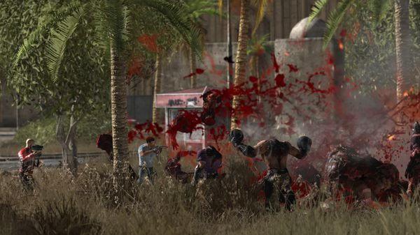 Screenshot from Serious Sam 3: BFE showing enemies in a grassy area near palm trees, with explosive action and gore.
