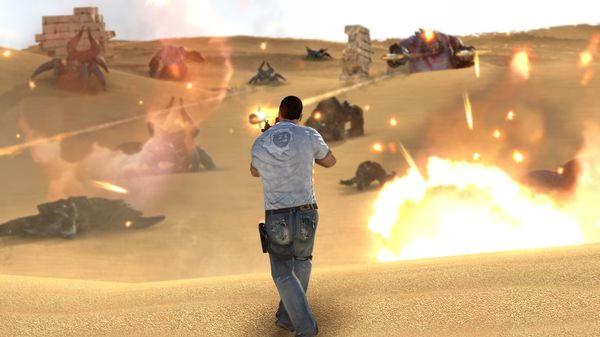 Serious Sam 3: BFE screenshot: A player character in a desert firing at alien creatures amidst explosions and debris.