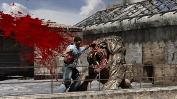 Serious Sam 3: BFE screenshot showing Sam battling a large alien creature with blood splattering in a rooftop-like environment.