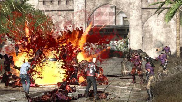 Screenshot from Serious Sam 3: BFE showing a chaotic battle scene with explosions and several creatures attacking the player in a courtyard.