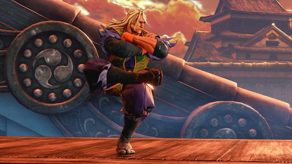 Street Fighter V screenshot: A character in a dynamic fighting pose on a wooden platform, with ornate architecture in the background.