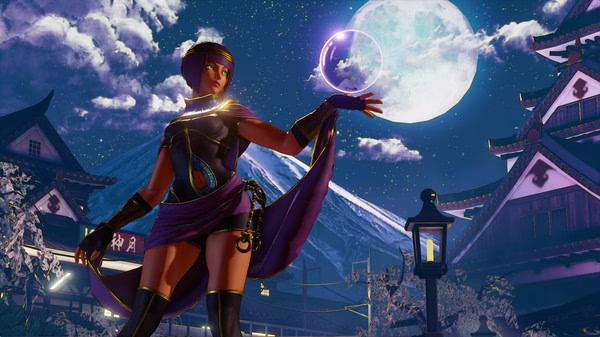 Street Fighter V screenshot: A character poses dramatically under a glowing full moon in a vibrant, traditional Japanese setting.