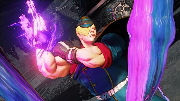 Street Fighter V screenshot: A character in a military uniform unleashes a vibrant purple energy attack.
