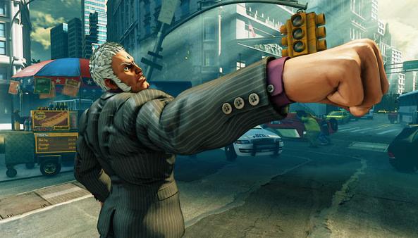 Street Fighter V screenshot: A character in a pinstripe suit stands with a clenched fist on a city street, facing away from the camera.