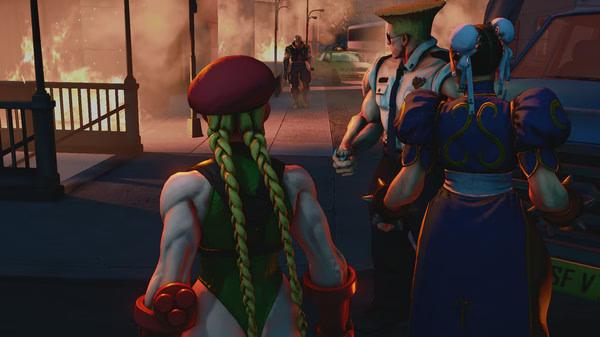 Street Fighter V screenshot: Cammy, Guile, and Chun-Li stand in a fiery urban scene with a mysterious figure in the background.