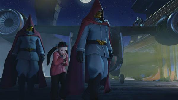 Street Fighter V screenshot: Mysterious hooded figures escort a girl under a night sky, with an aircraft and platform in the background.