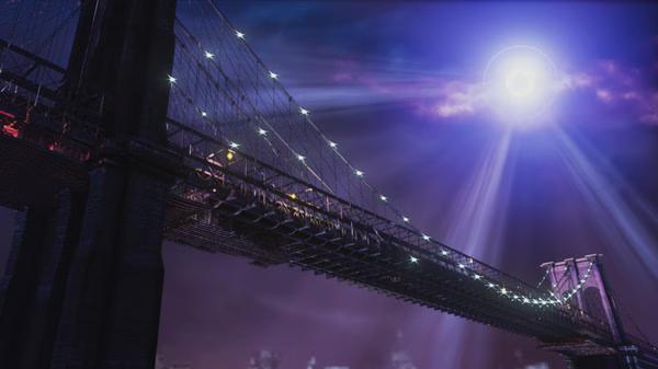Street Fighter V screenshot showing a dramatic night scene with a brightly lit bridge under a glowing moon.