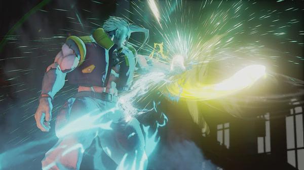 Street Fighter V screenshot: Two characters engage in a dynamic fight, with one unleashing a powerful glowing attack.