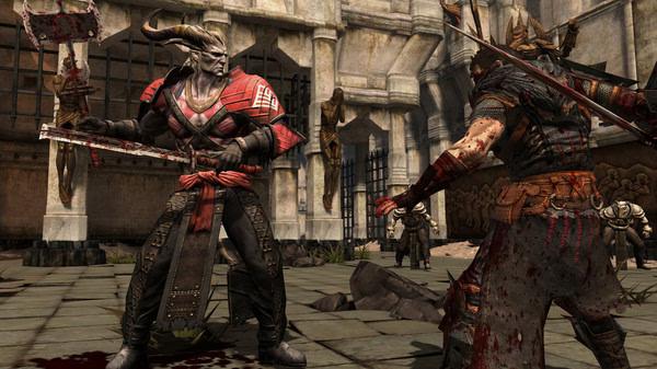 Dragon Age II screenshot: A horned warrior faces a heavily armored enemy in a stone courtyard, weapons drawn for battle.