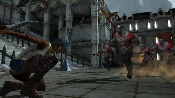 Dragon Age II screenshot: A character crouches with daggers drawn as armored enemies charge in a stone courtyard.