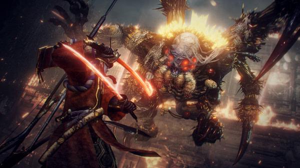 Screenshot from Nioh 2: Complete Edition showing a player character battling a large, fiery, spiked creature in a dark setting.