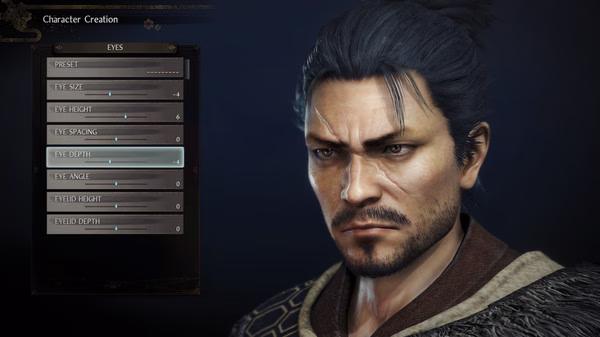 Character creation menu in Nioh 2: Complete Edition screenshot, focusing on eye customization options and character's face details.