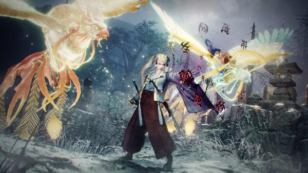 Nioh 2: Complete Edition screenshot: A warrior in traditional attire battles mystical creatures in a forest setting.