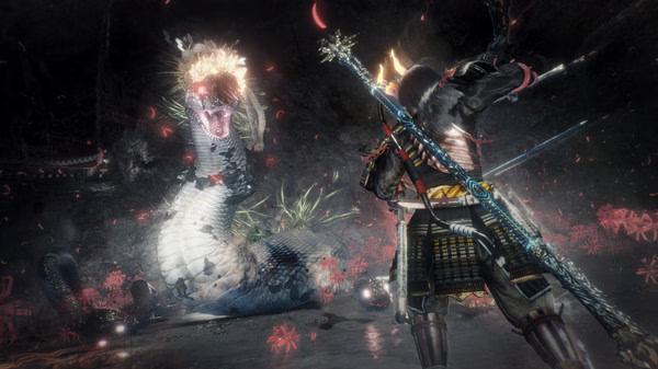A screenshot from Nioh 2: Complete Edition shows a samurai facing a glowing serpent-like yokai in a dark, eerie environment.