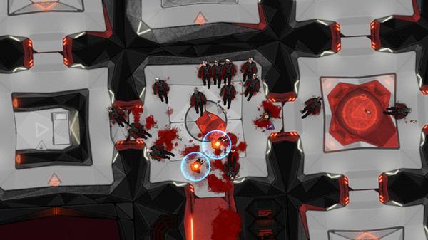Heat Signature screenshot showing a spaceship interior with armed guards, blood splatters, and two active shields in combat.