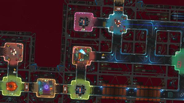 Screenshot from Heat Signature showing a top-down view of a colorful spaceship interior with various rooms and connecting corridors.