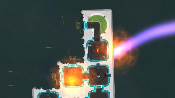 Heat Signature screenshot showing a spaceship interior with explosions, a character, and a fiery projectile streaking across.