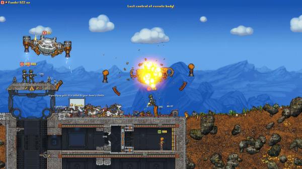 Screenshot from Cortex Command showing a base under attack with various units and explosions in a mountainous terrain.
