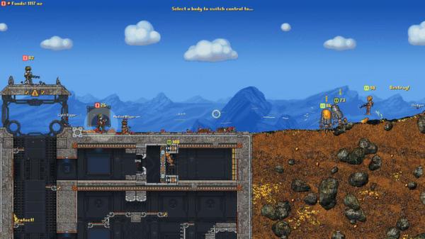 Cortex Command screenshot: A base on the left and a soldier on the rocky terrain to the right, against a mountain backdrop.