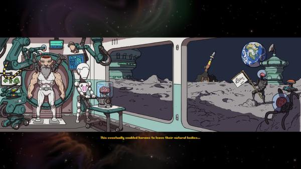 Cortex Command screenshot: A cyborg in a lab with scientists, and a distant view of Earth and a rocket launching from the moon.