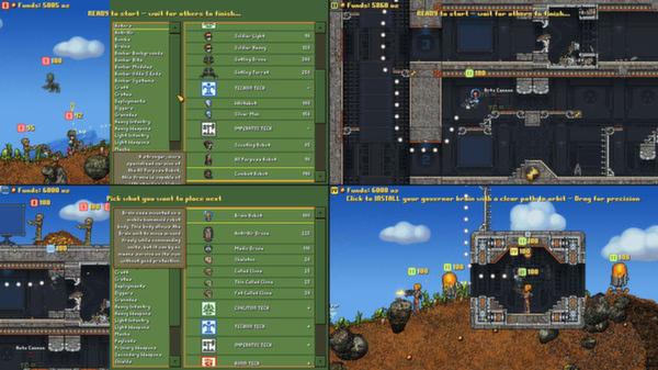Cortex Command screenshot: A game interface showing a menu with various unit options and a side-scrolling terrain with characters.