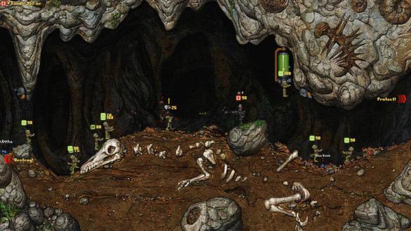 Cortex Command screenshot: A cave scene with multiple characters navigating around a large dinosaur skeleton and various obstacles.