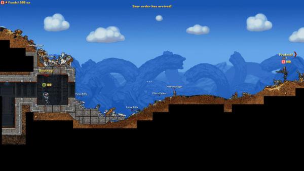 Cortex Command screenshot: Side view of a player in a bunker with multiple units and terrain under a bright blue sky.