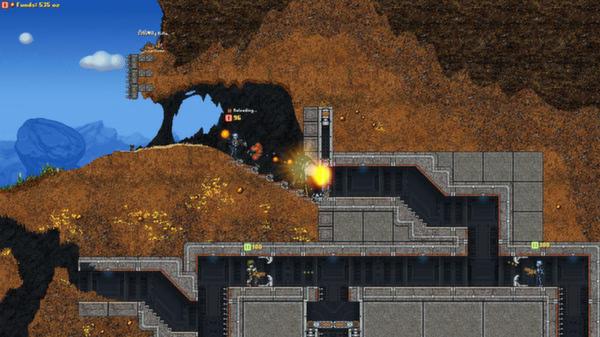 Cortex Command screenshot: Players engage in combat on a rugged terrain, with explosions and structures visible.