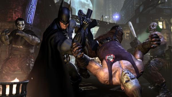 Batman: Arkham City screenshot showing Batman fighting multiple thugs in a dimly lit, gritty urban environment.