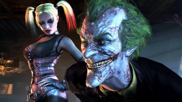 Screenshot from Batman: Arkham City showing Harley Quinn and the Joker in a dimly lit room with vibrant character details.