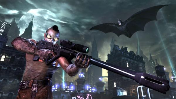 Screenshot from Batman: Arkham City showing a sniper aiming a rifle, with Batman gliding in the moonlit sky above Gotham City.