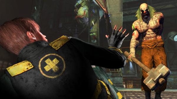 Screenshot from Batman: Arkham City showing a character in combat with a large, clown-like enemy wielding a hammer.