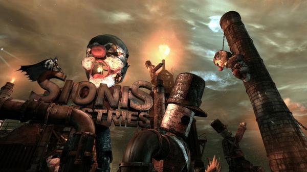 Screenshot from Batman: Arkham City showing a dark industrial area with a clown-themed sign and a figure climbing a tower.