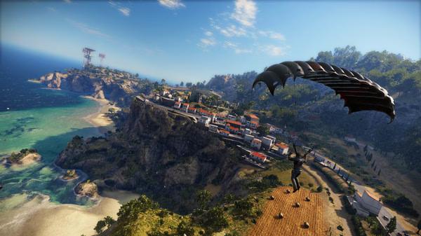 Just Cause 3 screenshot: Character parachutes above a coastal village, showcasing expansive landscapes and vibrant scenery.