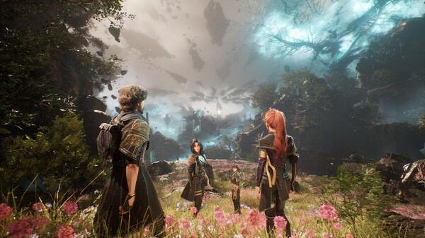 Screenshot from Clair Obscur: Expedition 33 showing four characters exploring a lush, otherworldly landscape under a dramatic sky.