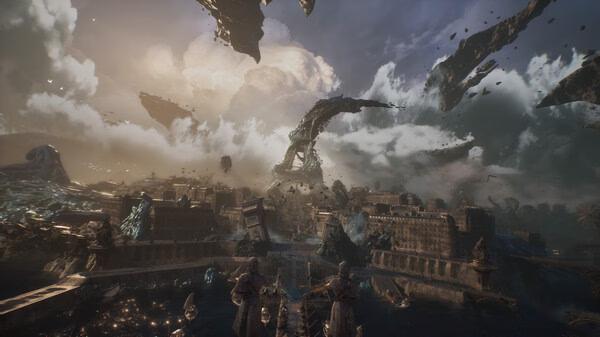 Screenshot from Clair Obscur: Expedition 33 showing two figures overlooking a vast, crumbling cityscape under a dramatic sky.