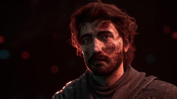 Screenshot from Clair Obscur: Expedition 33 showing a character in a dark setting with glowing red orbs in the background.
