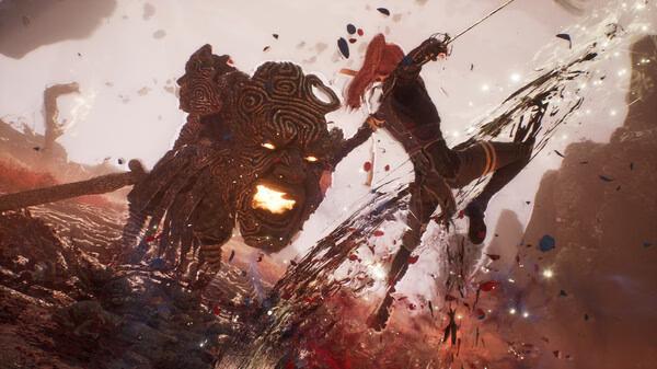 Screenshot of Clair Obscur: Expedition 33 showing a fiery battle between a warrior with a sword and a glowing, monstrous creature.