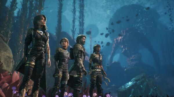 Screenshot from Clair Obscur: Expedition 33 showing four characters exploring an underwater alien landscape.