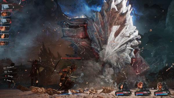 Screenshot from Clair Obscur: Expedition 33, showing a player battling a giant, icy creature with a team of three allies.