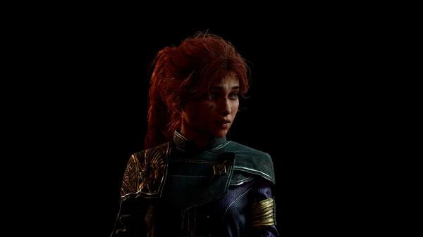 A screenshot from Clair Obscur: Expedition 33 showing a character with red hair in a detailed dark and gold outfit against a black background.