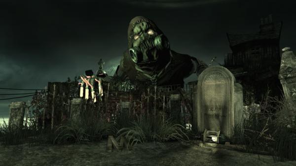 Screenshot from Batman: Arkham Asylum showing Scarecrow towering in a dark, eerie graveyard surrounded by tombstones and overgrown grass.