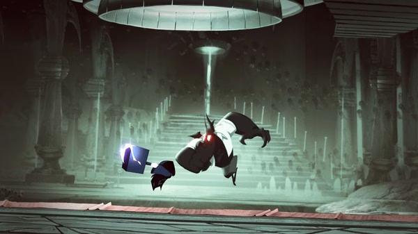 Screenshot from 'Have a Nice Death' showing the main character, a cloaked figure, leaping in an eerie, dimly lit hall.