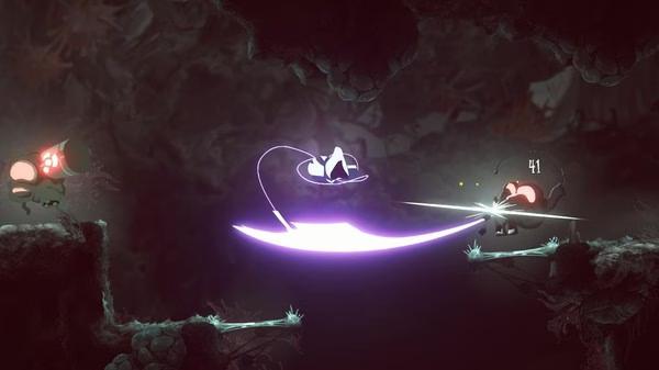 Screenshot from Have a Nice Death showing Death attacking enemies in a dark cavern with glowing purple scythe effects.