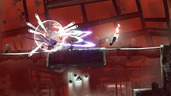 Screenshot from Have a Nice Death showing Death battling an enemy with glowing purple slashes in a red-tinted, industrial setting.